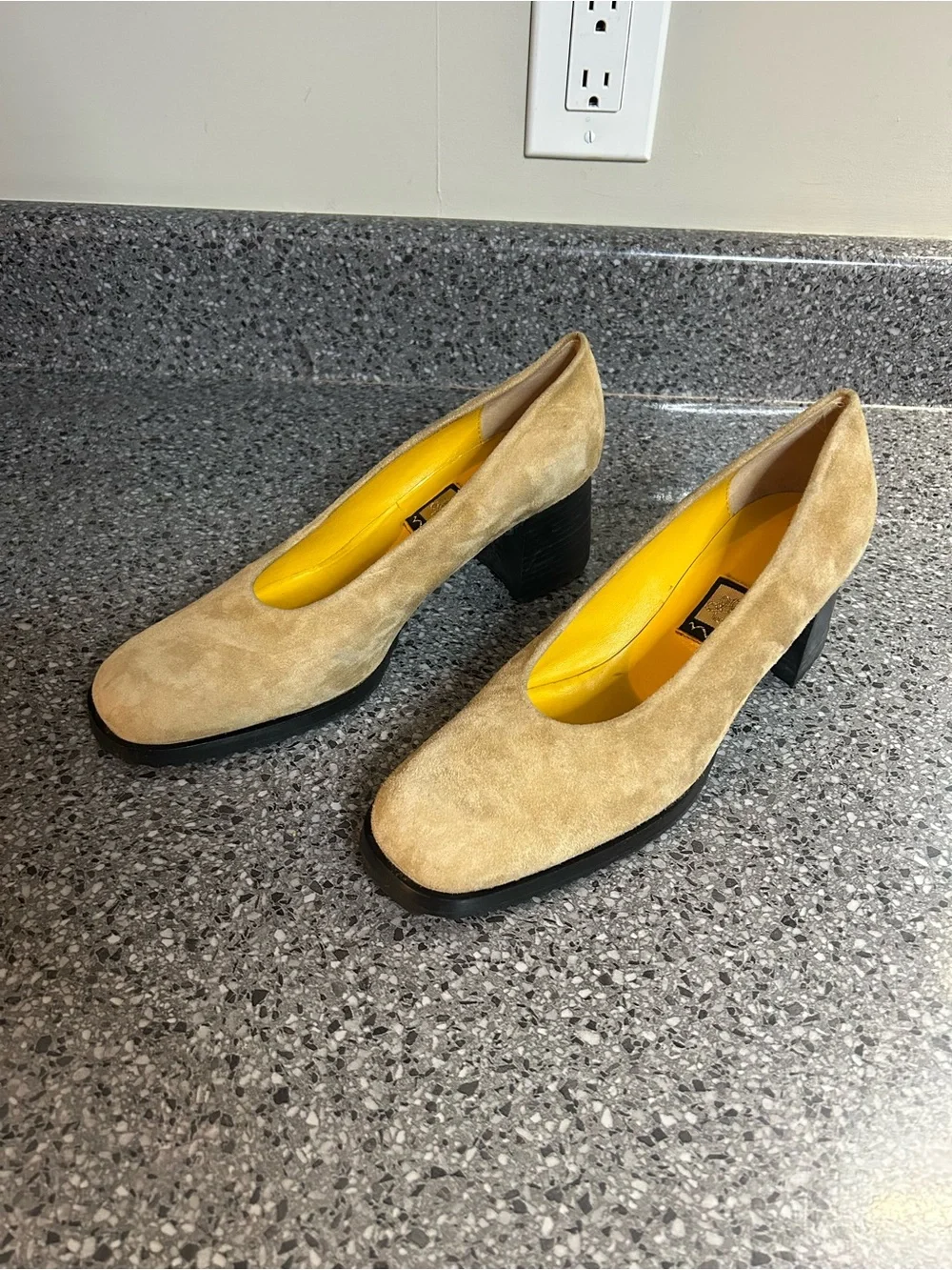 Nina Beige Suede Block Heel Pumps